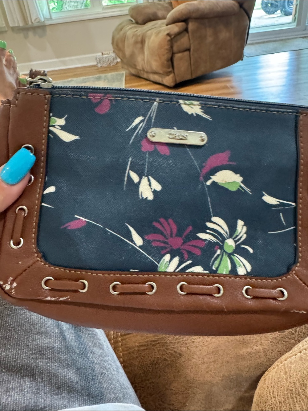 Chaps Navy Floral Wristlet with Brown Trim